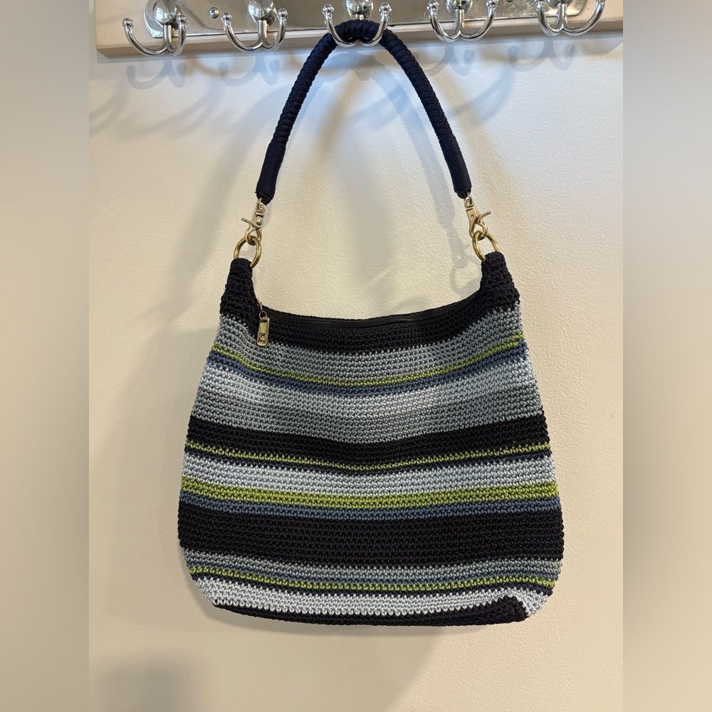 Lina Striped Crochet Shoulder Bag in Navy Blue, Gray and Green - Picture 5 of 16